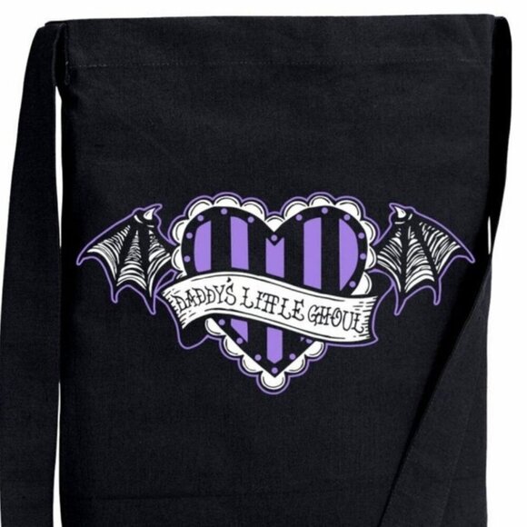 Too Fast ✦ Daddy’s Little Ghoul Sling Tote ✦ Gothic Heart Bat Wings Black Purple - Picture 2 of 4